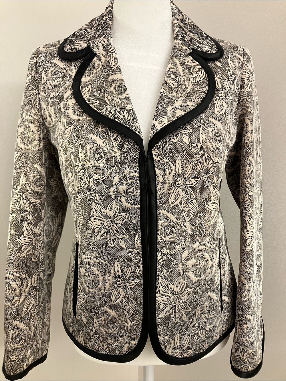 Laura Ashley Black & Gold Metallic Floral Brocade Blazer with Black Satin Trim